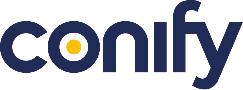 Conify - logo compleet - blauw plus gele stip - png